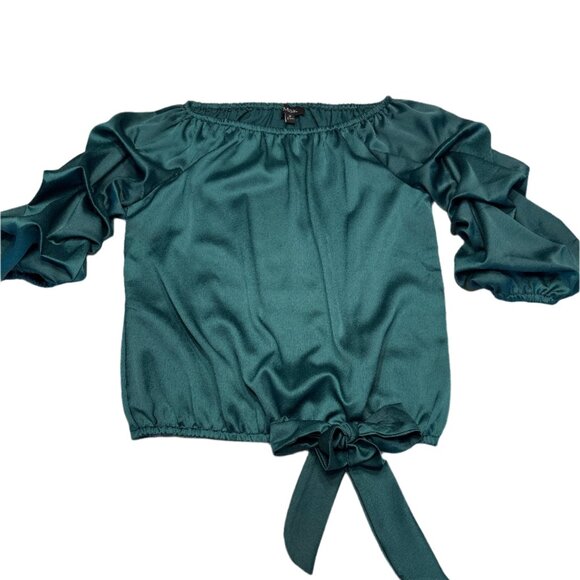 MSK Emerald Green Stretch Tie Elastic Waist 3/4 Pouf Sleeve Off Shoulder Top - Picture 1 of 3